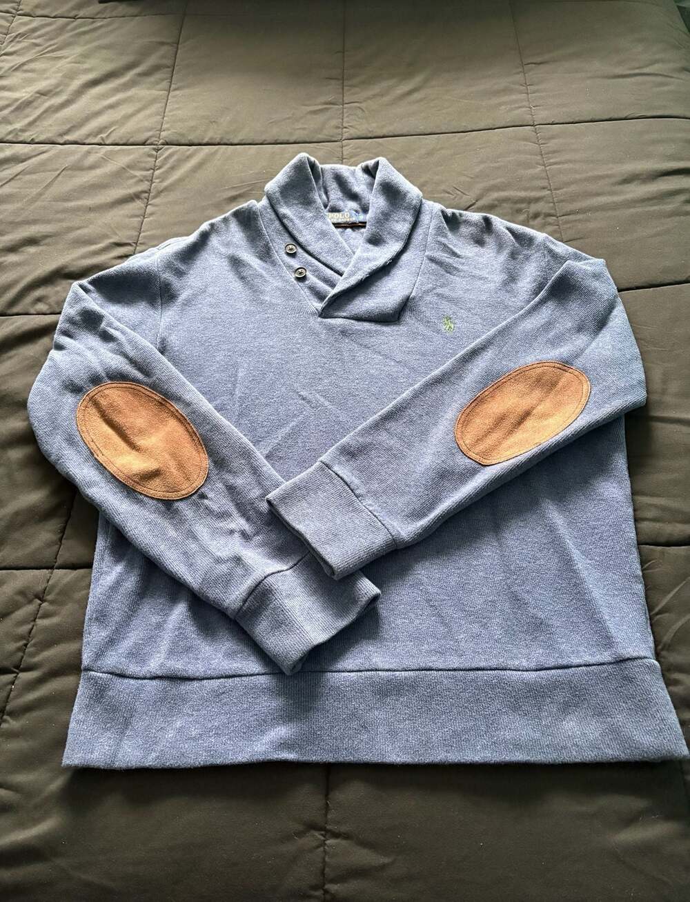 Vtg Polo Ralph Lauren Sweater Shawl Collar Elbow Pads Blue Small